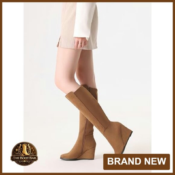 Knee High Wedge Boots Stretchy Suede Side Zipper Almond Toe - Picture 7 of 7